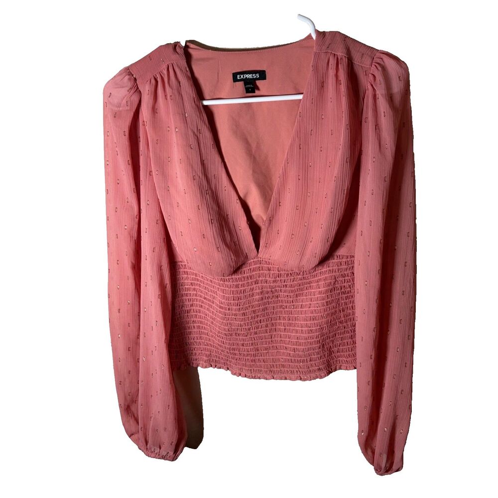 Express Blouse Women's Small Metallic V-Neck Wrap Cropped Smocked Top Shirt